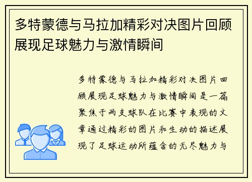多特蒙德与马拉加精彩对决图片回顾展现足球魅力与激情瞬间