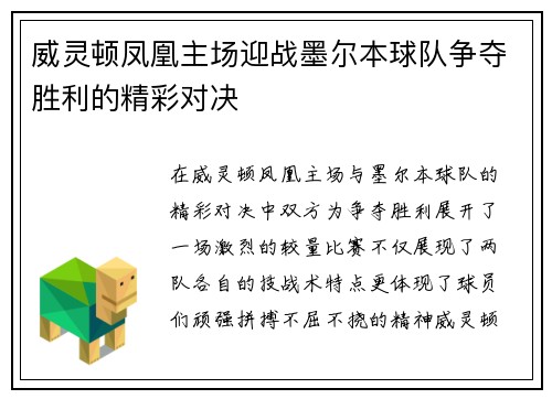 威灵顿凤凰主场迎战墨尔本球队争夺胜利的精彩对决
